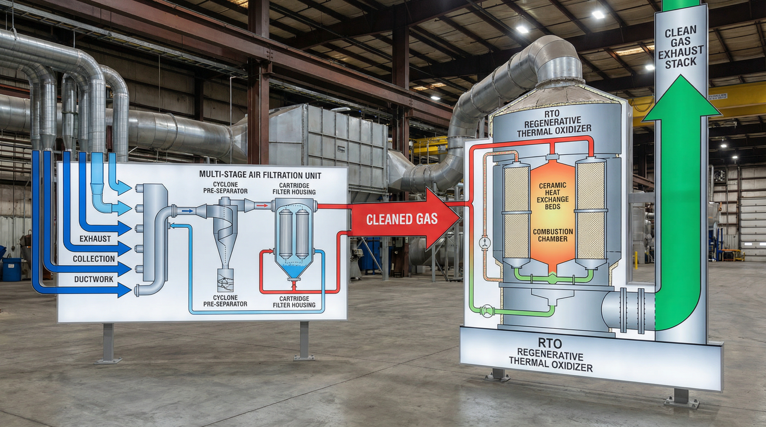 Air filtration system integrated with RTO regenerative thermal oxidizer process flow diagram