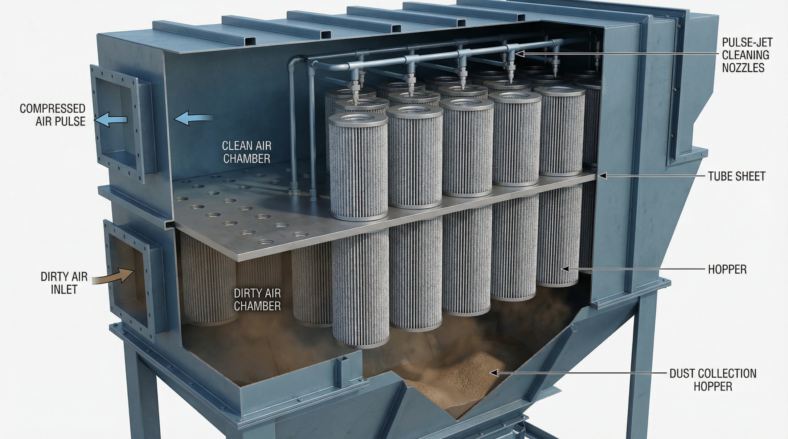 Cartridge dust collector internal structure showing filter media and pulse-jet cleaning system