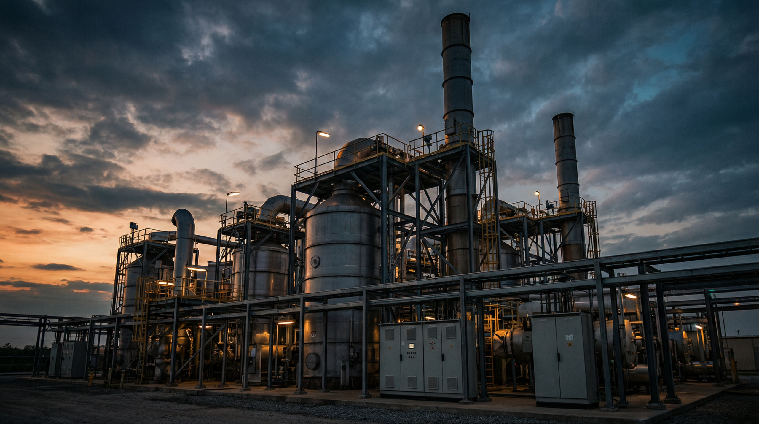 Industrial RTO thermal oxidizer facility at dusk