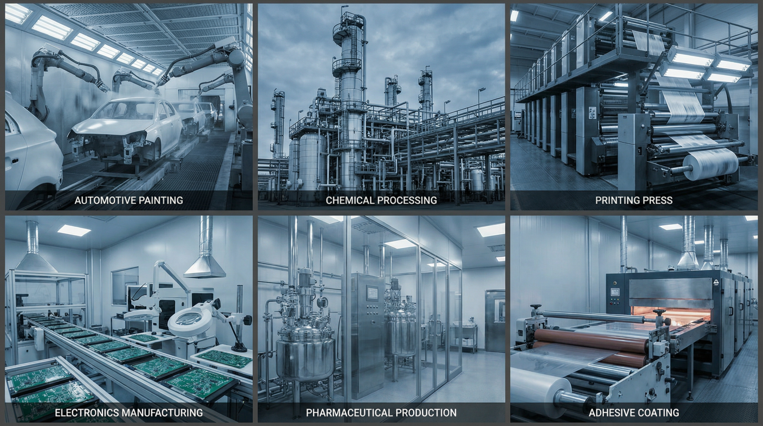 Industrial applications of custom RTO systems: automotive painting, chemical processing, printing, electronics, pharmaceutical, and adhesive coating