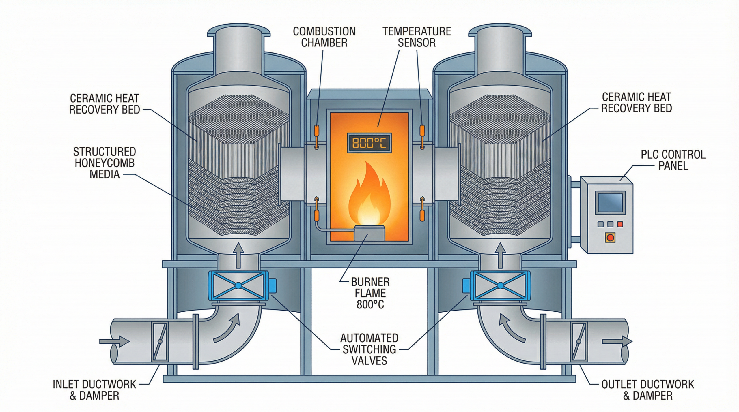 Custom RTO system components cutaway diagram showing ceramic heat recovery beds, combustion chamber, and PLC control panel