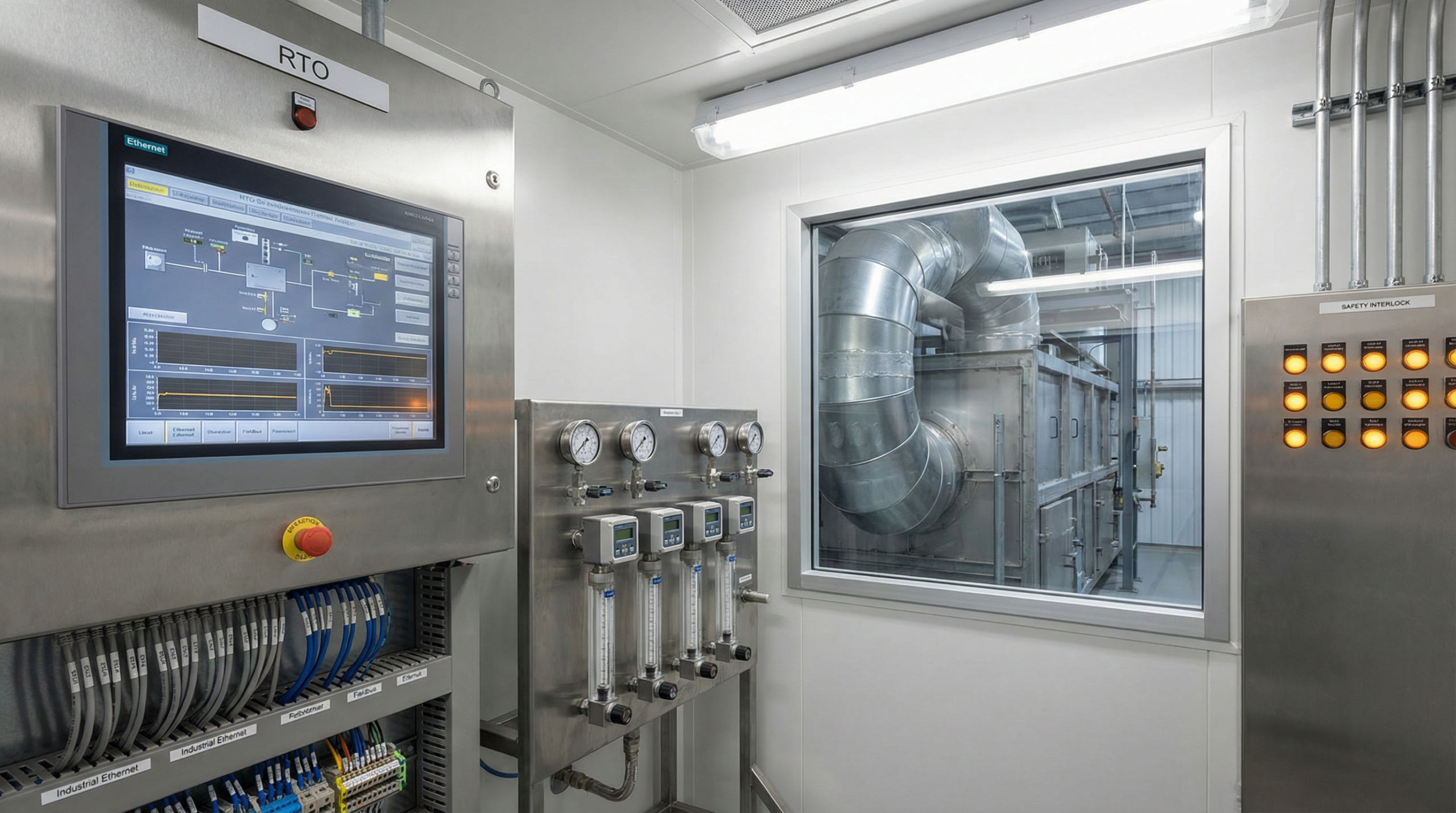 RTO engineering integration: PLC control panel, HMI display, and industrial instrumentation for VOC treatment system