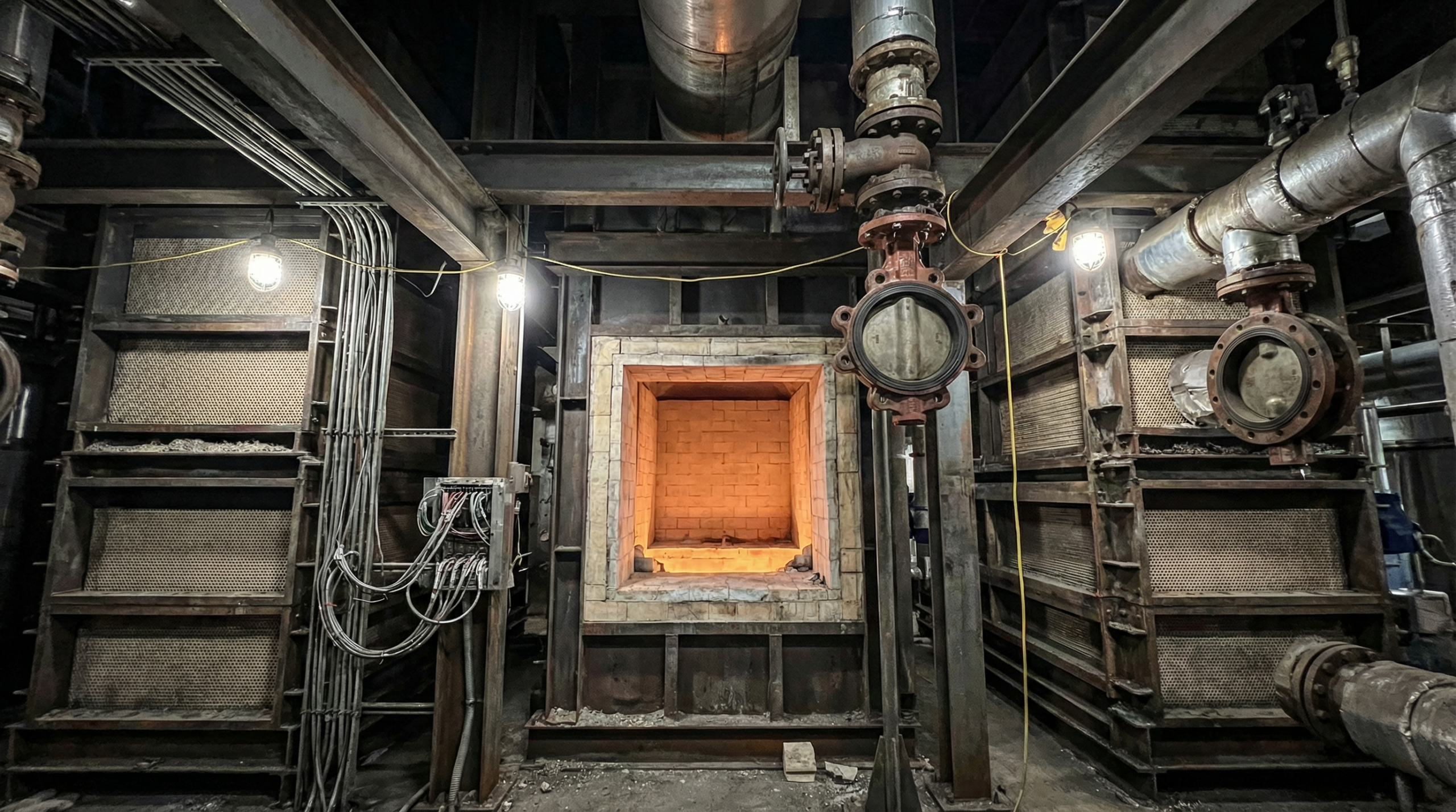 RTO system interior showing ceramic heat exchange media, combustion chamber, and high-temperature valves