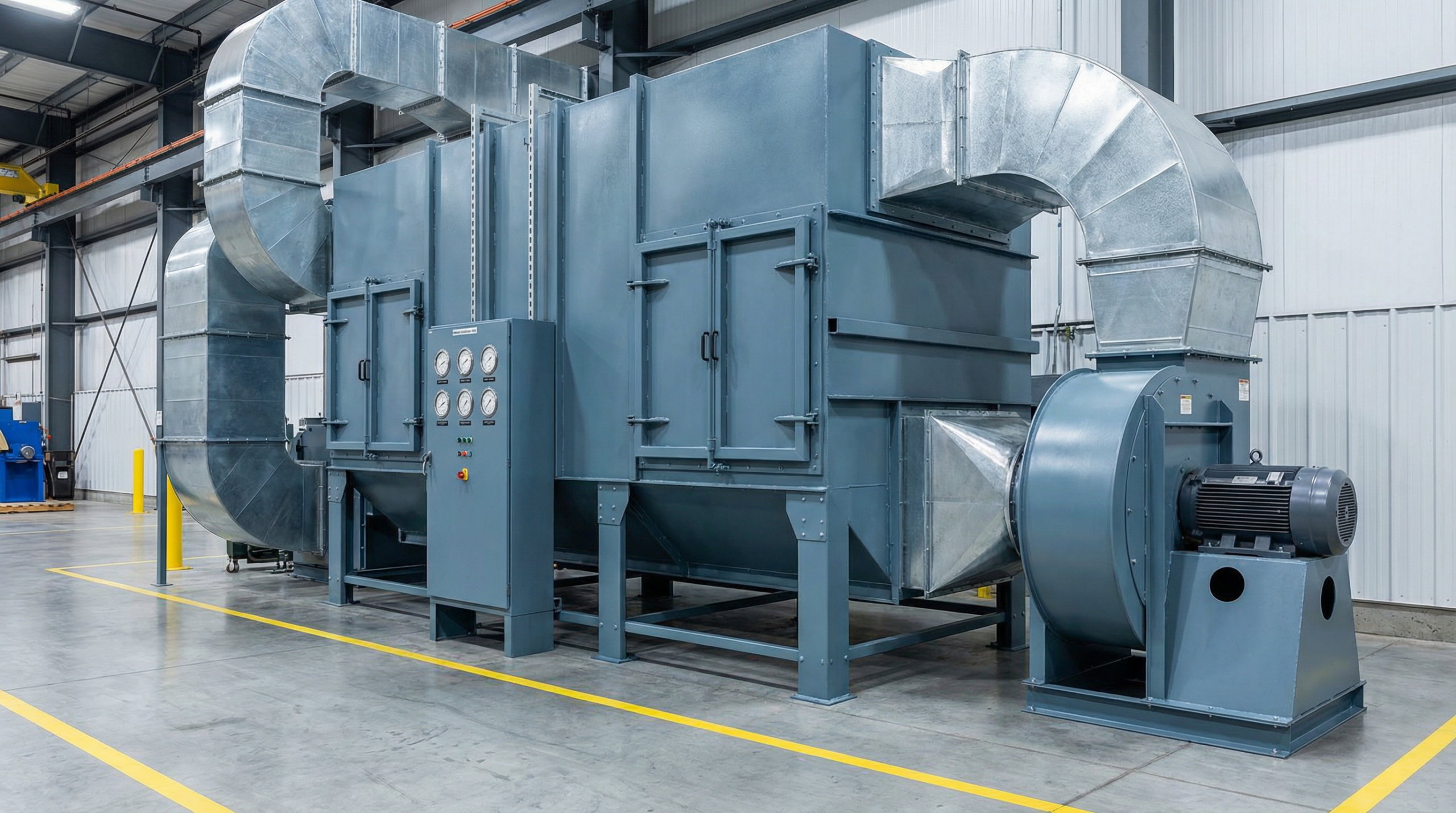 Industrial air filtration unit system in manufacturing facility