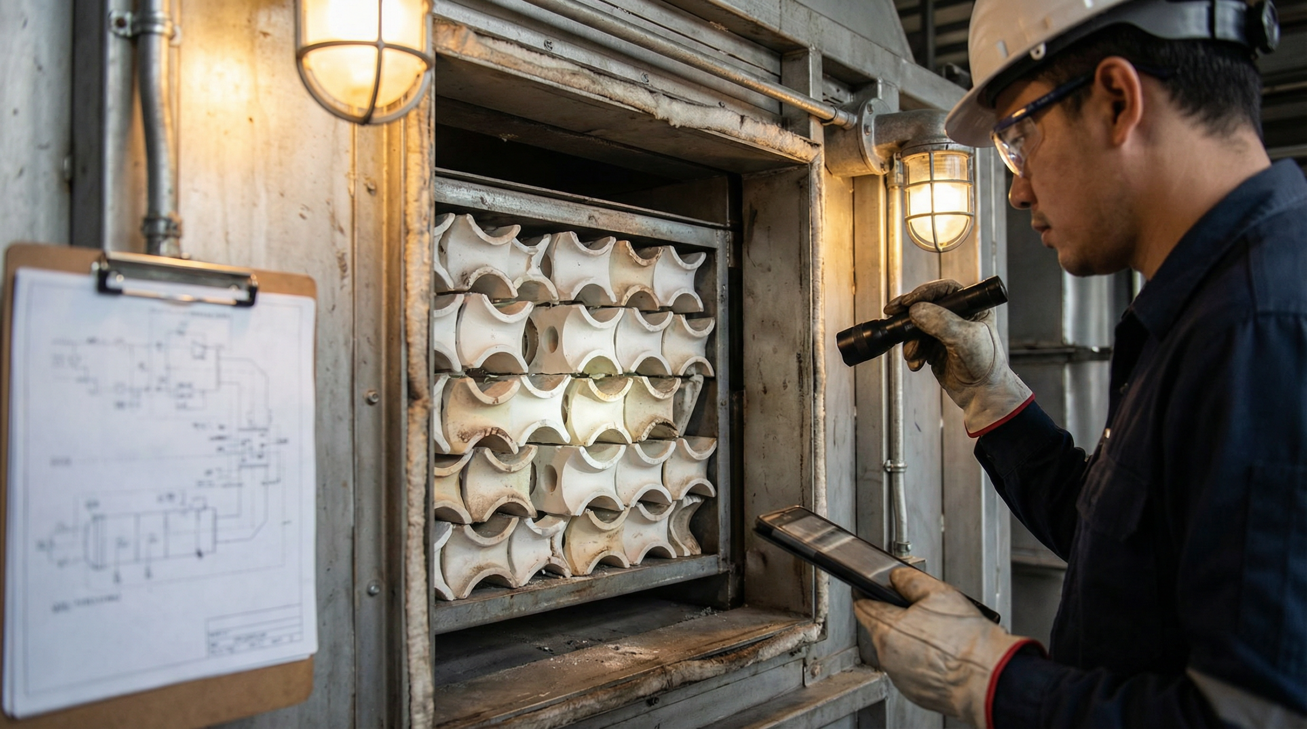 Maintenance engineer inspecting RTO ceramic heat exchange media bed with inspection checklist