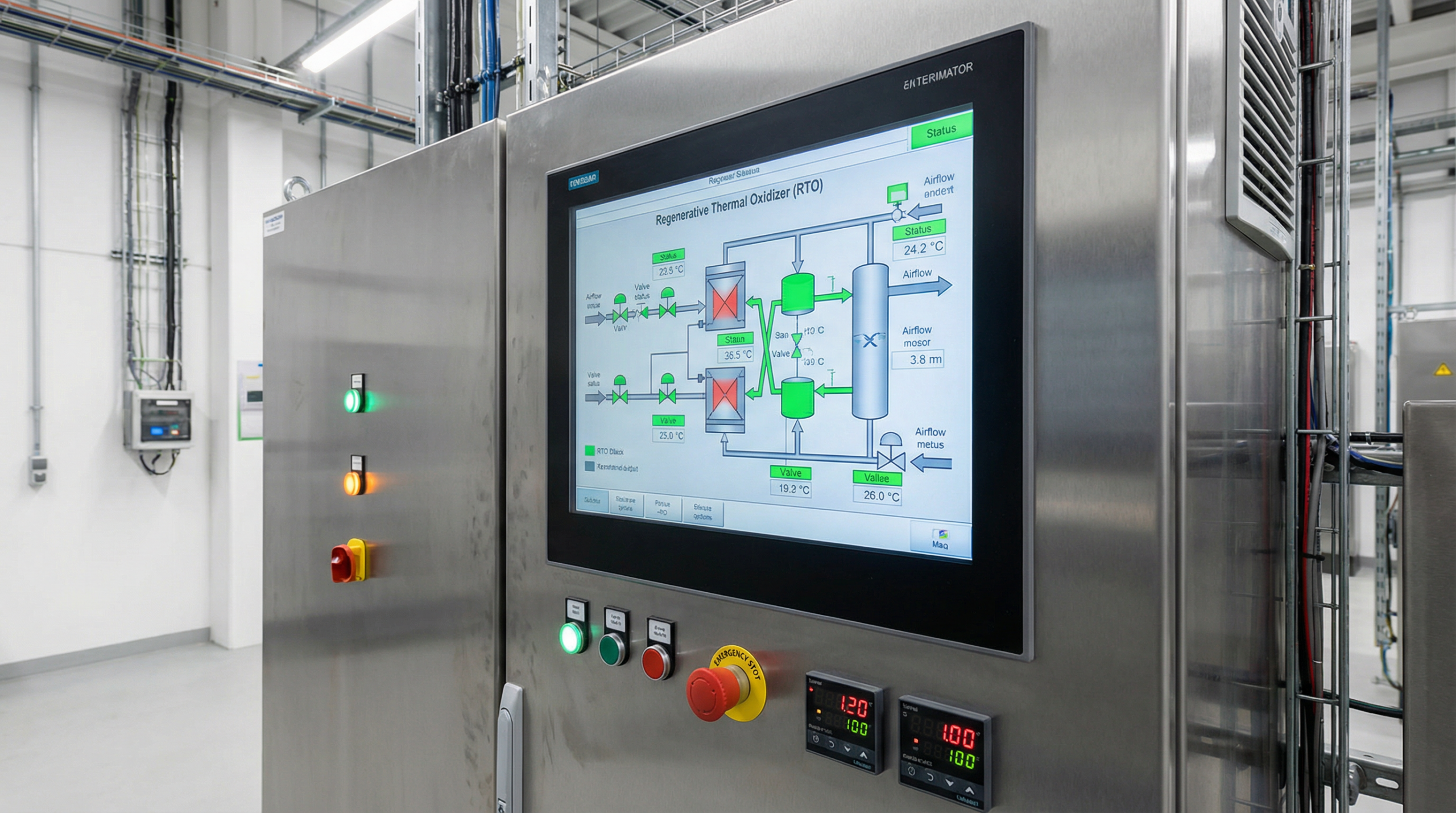 RTO PLC control panel with HMI touchscreen displaying real-time system status, temperature readings, and valve positions for a Regenerative Thermal Oxidizer