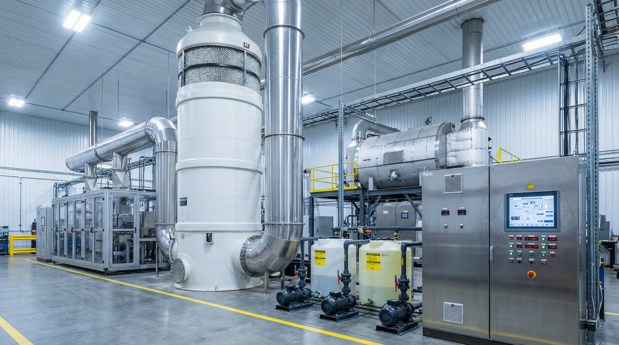 VOC scrubber system integrated with RTO thermal oxidizer in industrial facility, showing PLC control panel and chemical dosing tanks
