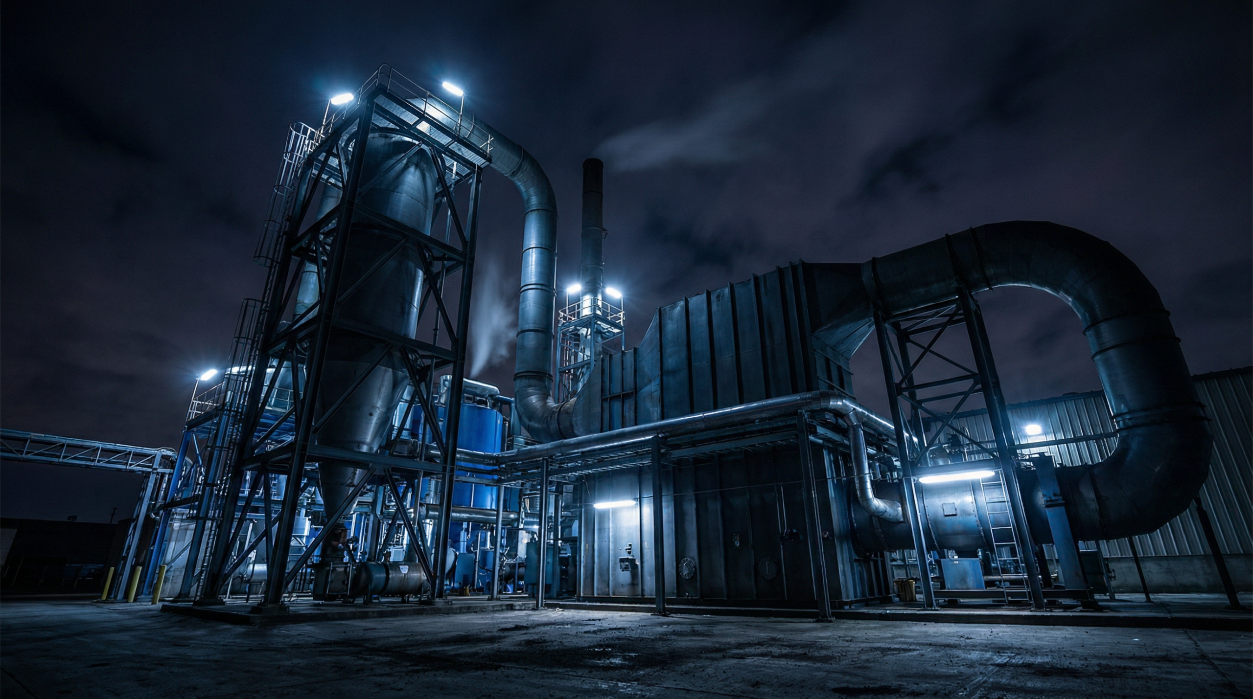 Industrial VOC abatement system at night — VOCRTO System