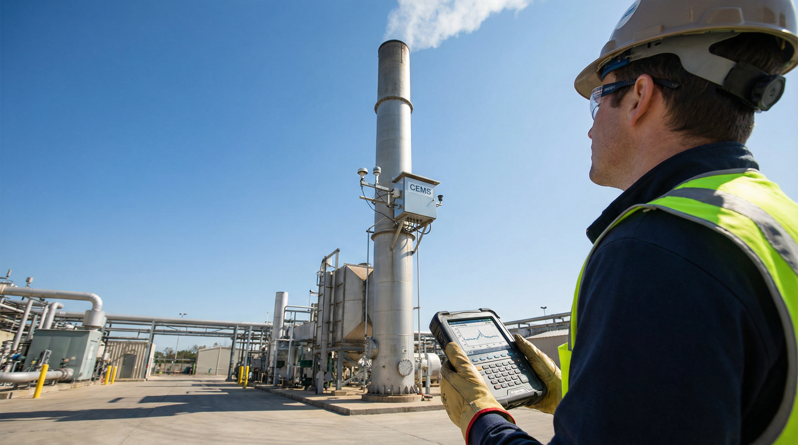 Industrial engineer monitoring VOC emission stack with CEMS system for EPA and EU IED compliance
