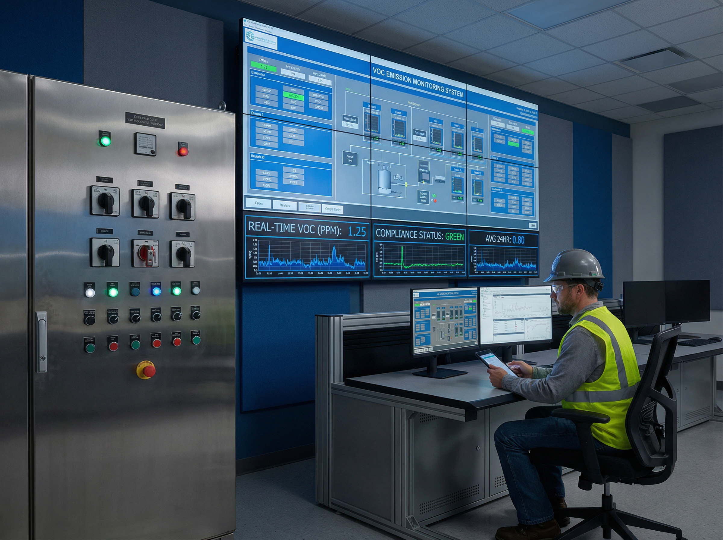 Process engineer monitoring real-time VOC emission data on a SCADA control panel.