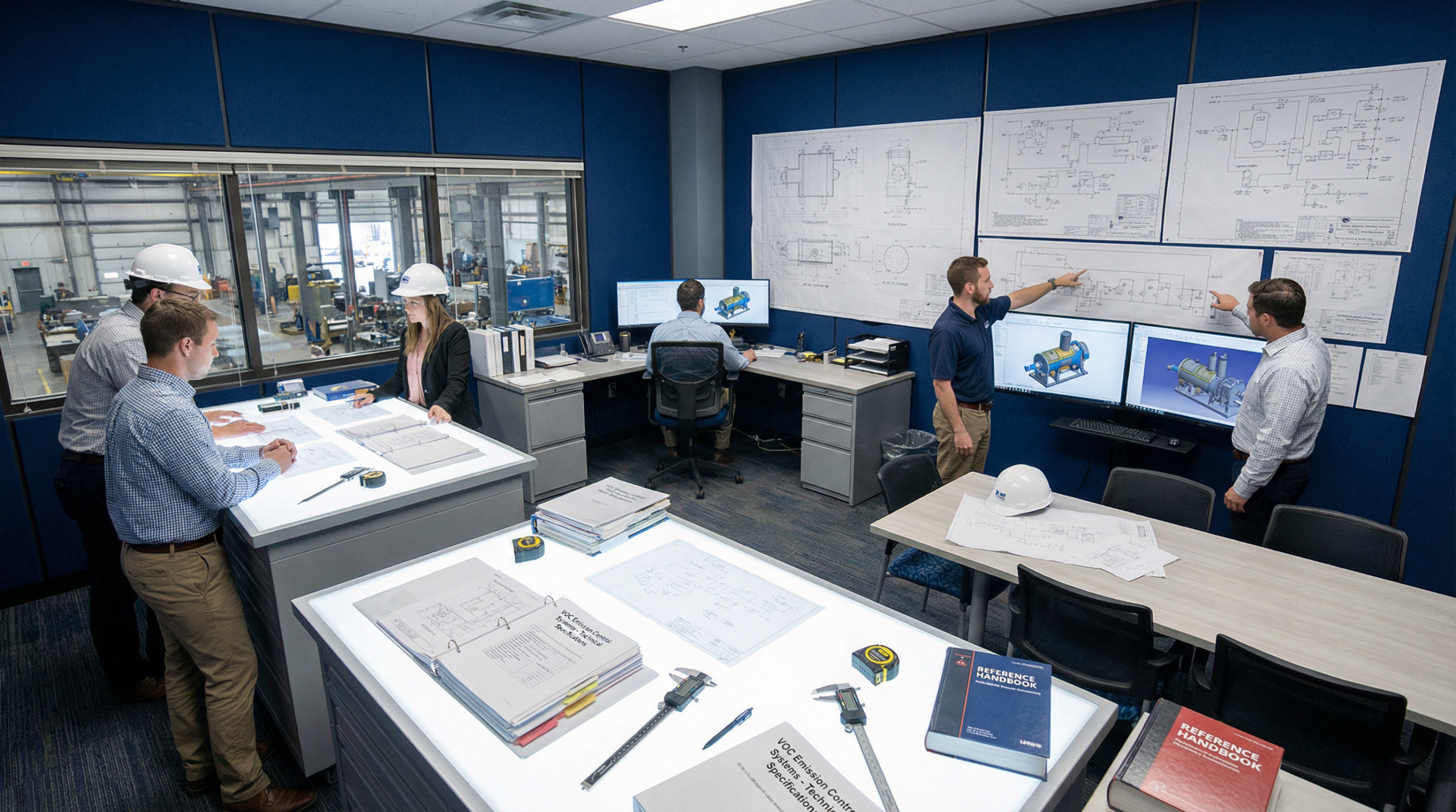 VOC abatement system engineering team reviewing RTO design drawings