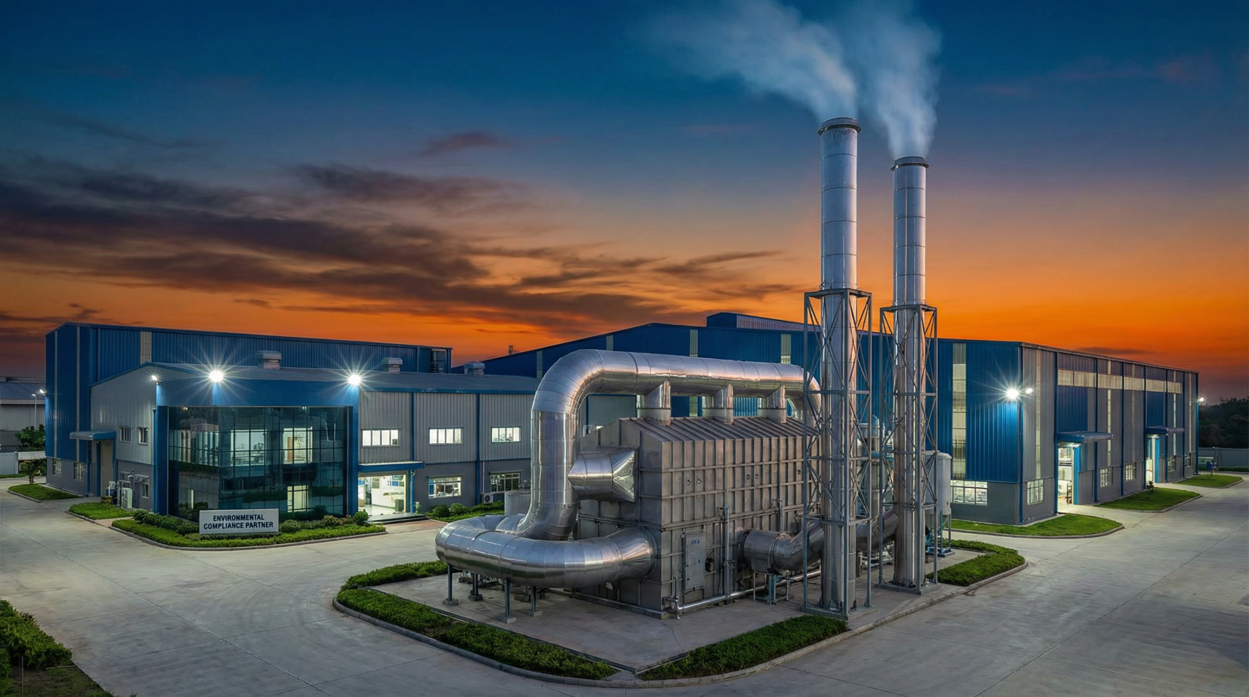 Industrial VOC Treatment Facility with RTO System at dusk