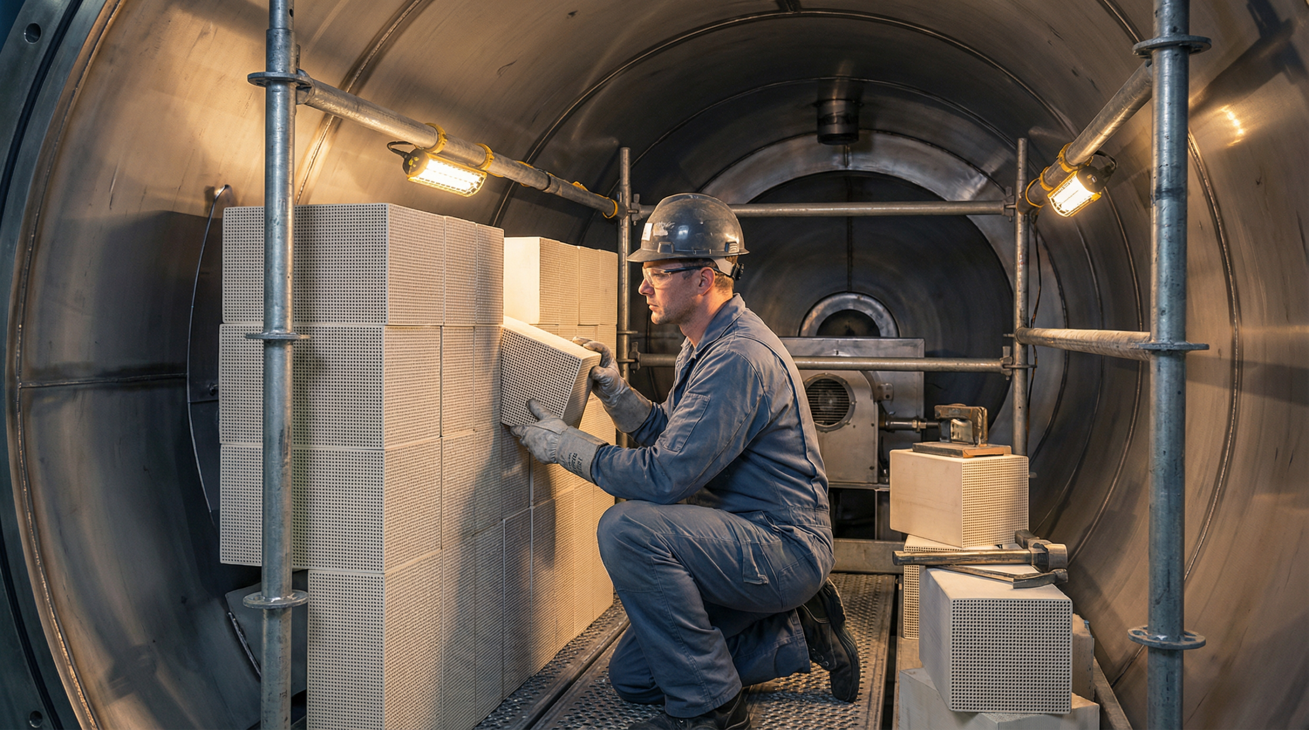 Refractory lining installation inside RTO combustion chamber during manufacturing