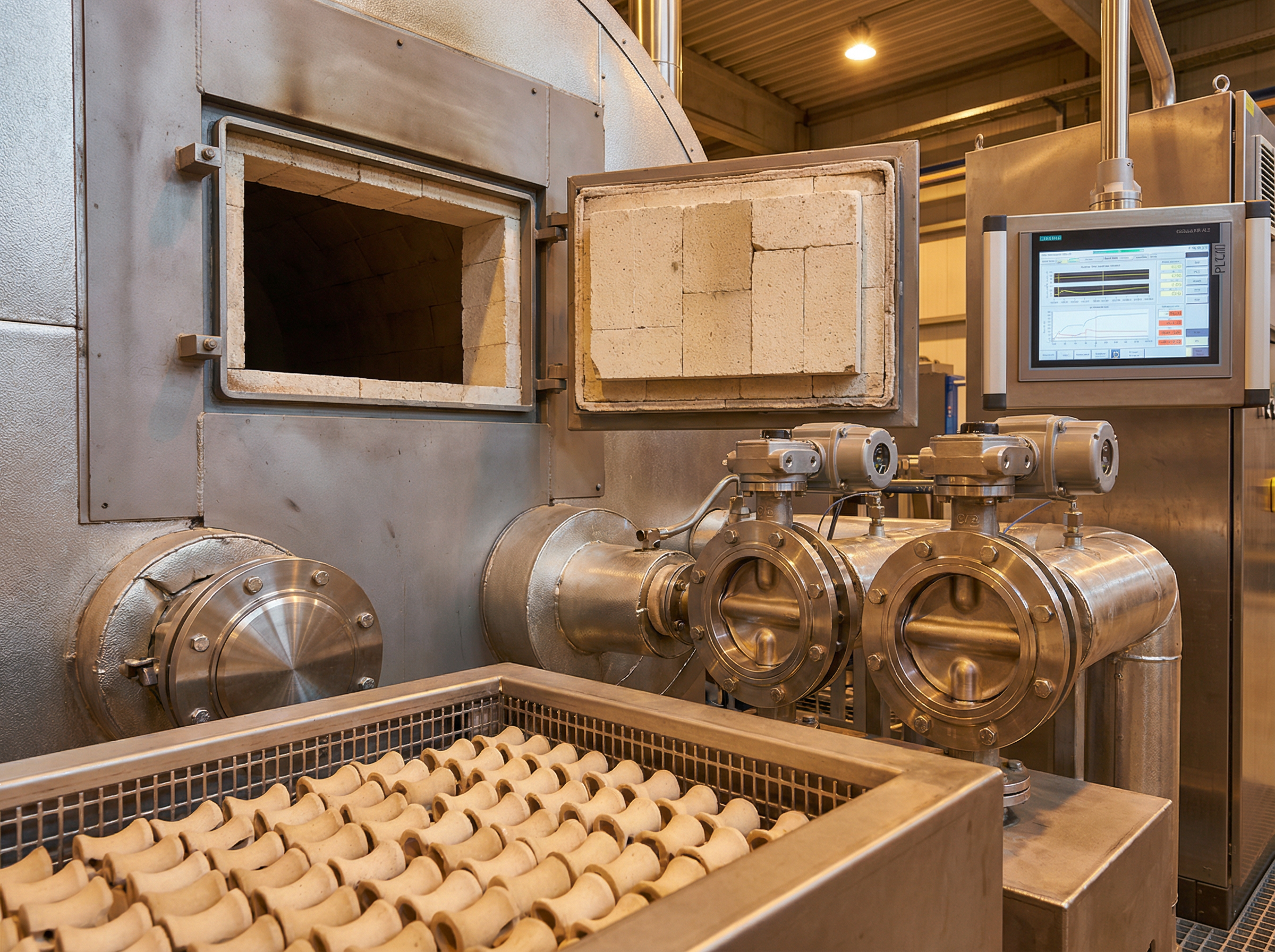 RTO System Components including ceramic media beds, diverter valves, and PLC control panel