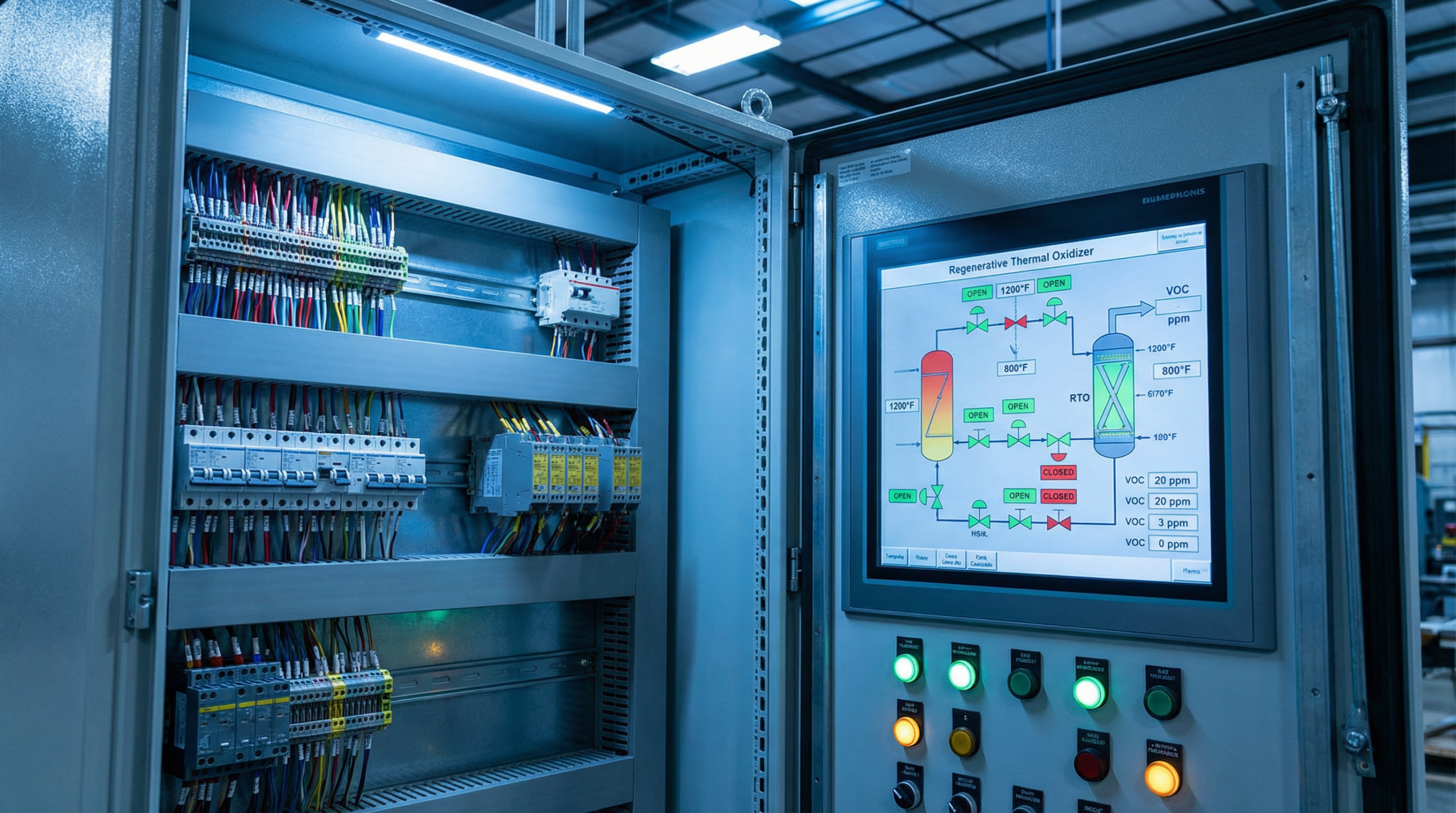 RTO PLC control panel with HMI touchscreen showing process flow diagram, temperature readings, and safety interlock status