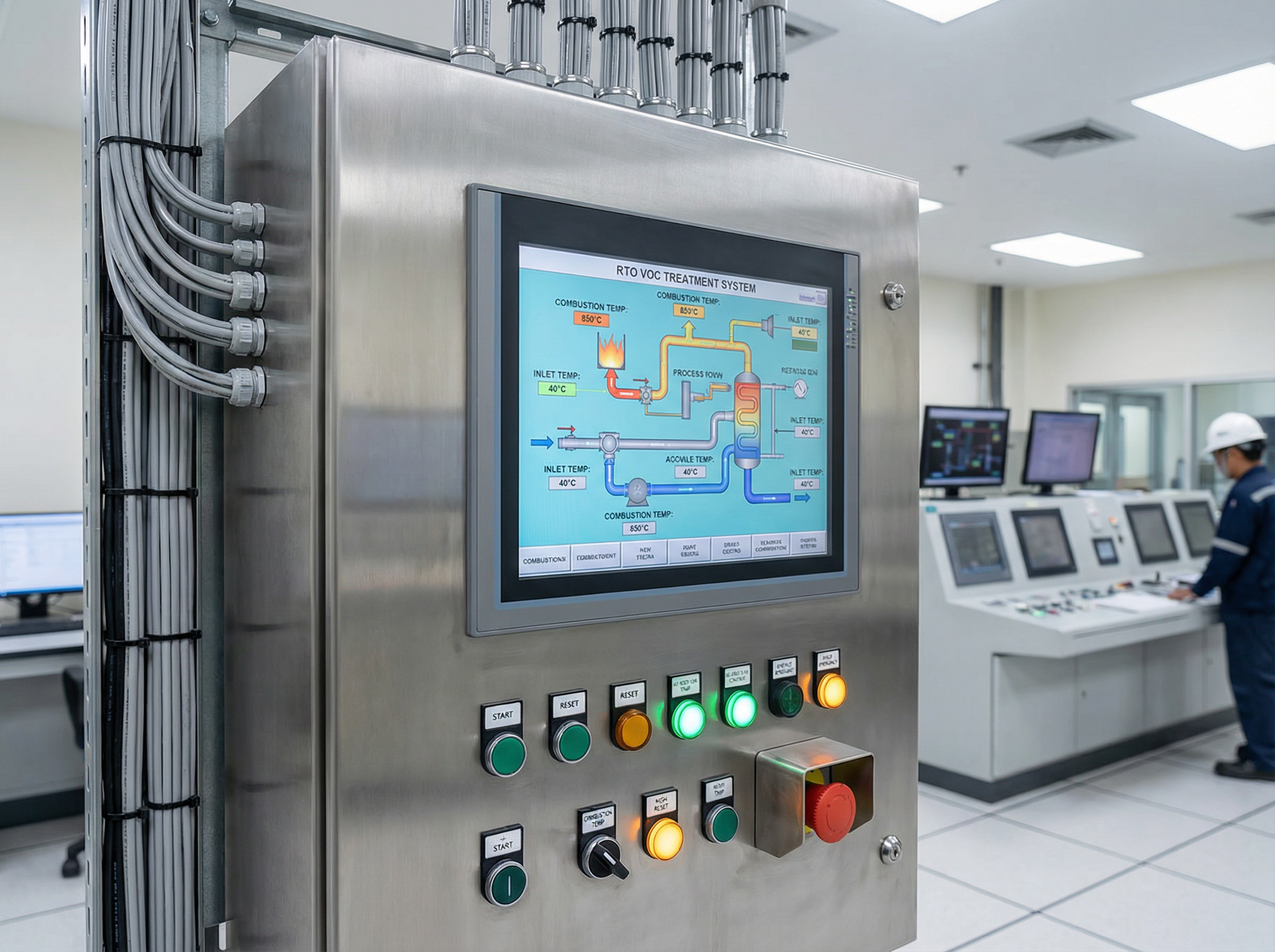 RTO VOC treatment system PLC control panel with HMI touchscreen displaying process parameters