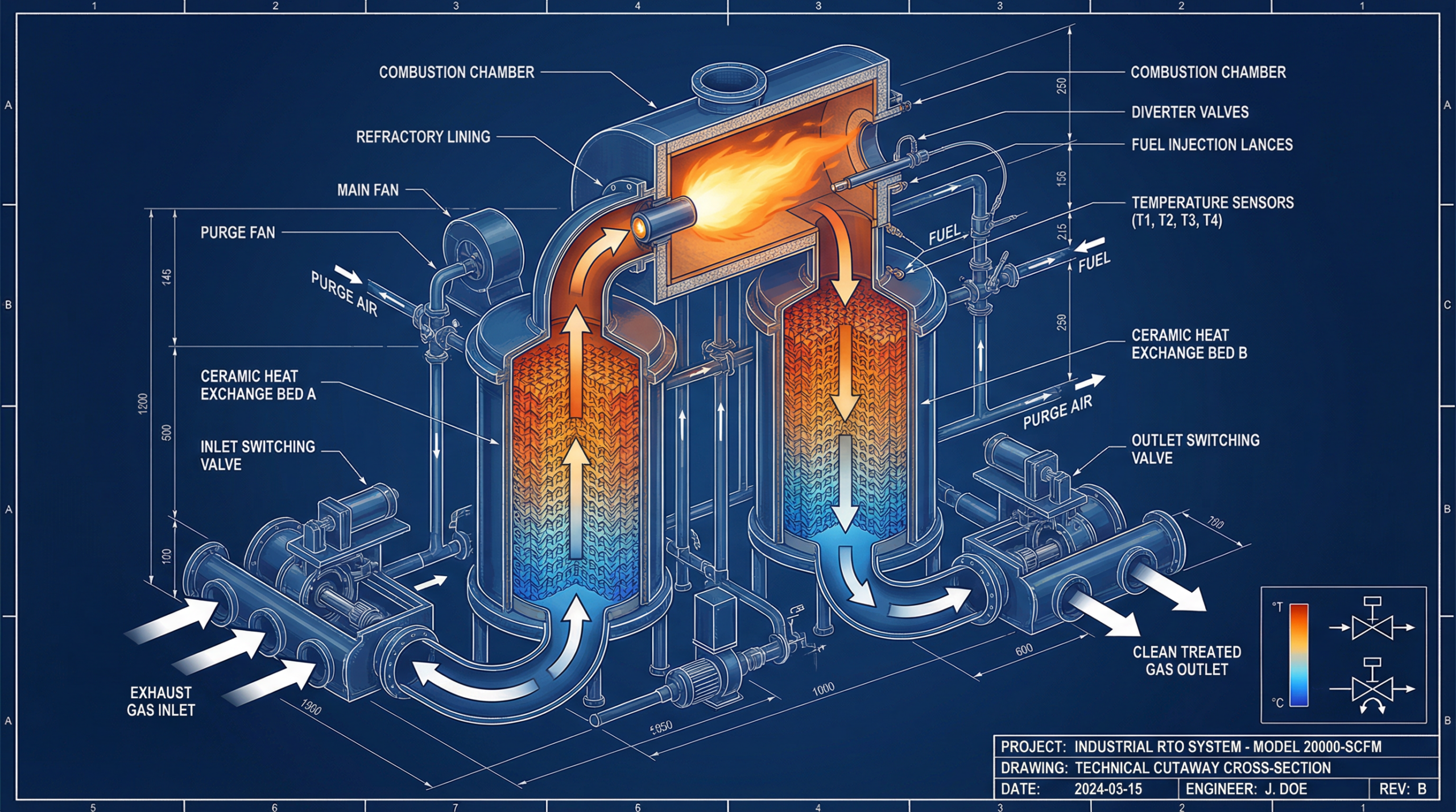 RTO cross-section diagram showing ceramic heat exchange beds and combustion chamber for VOC treatment