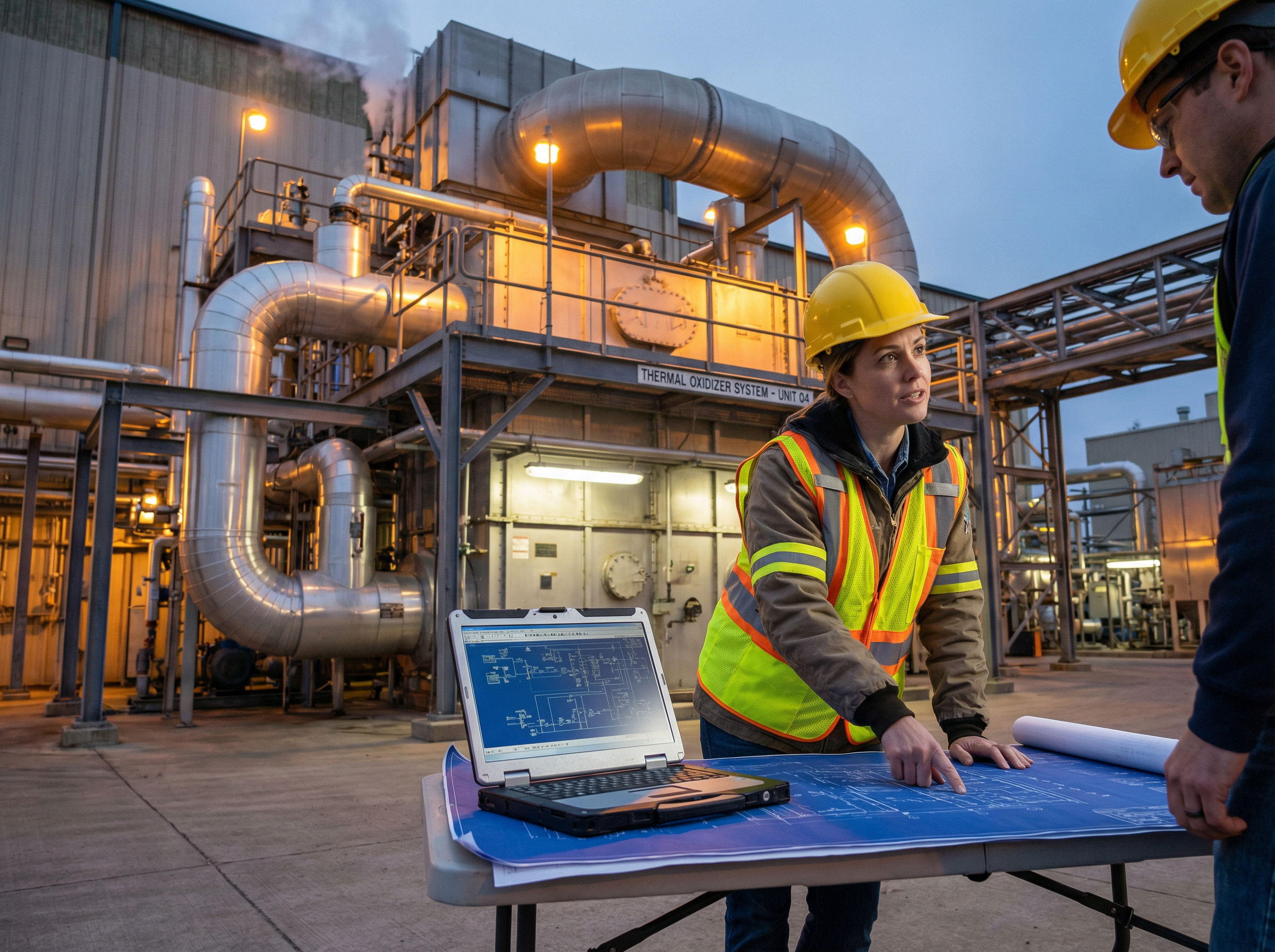 Engineers reviewing RTO system integration plans at an industrial facility