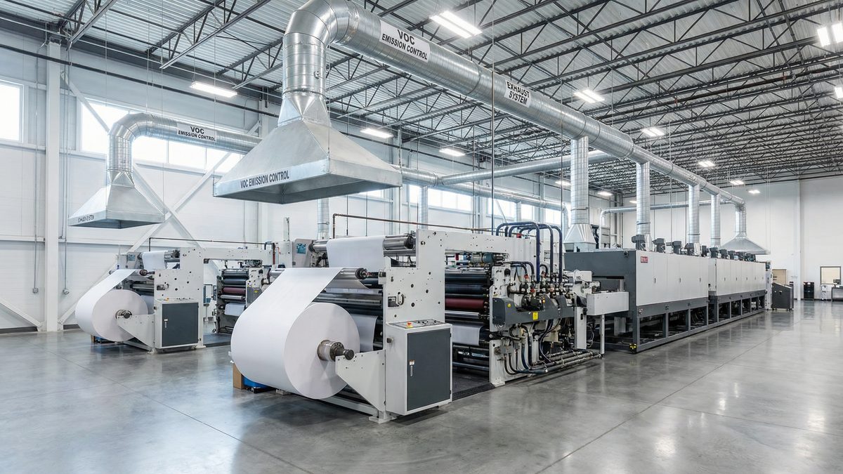 Industrial printing facility with VOC emission control ductwork