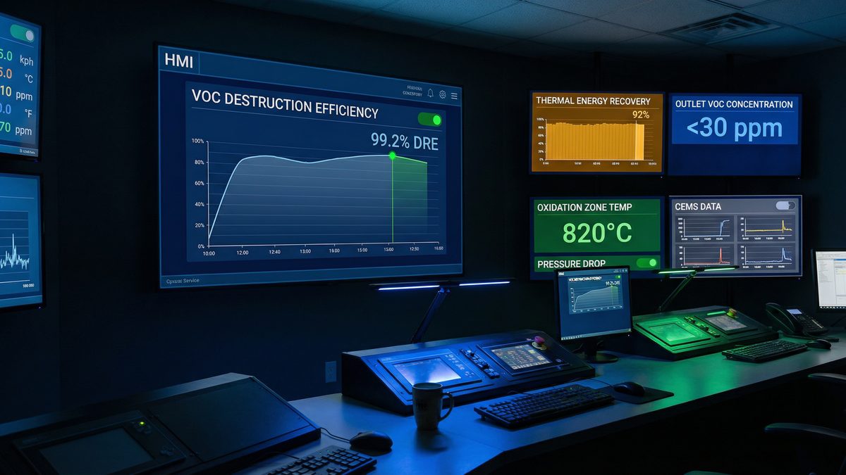 RTO performance monitoring dashboard showing VOC destruction efficiency and thermal recovery data