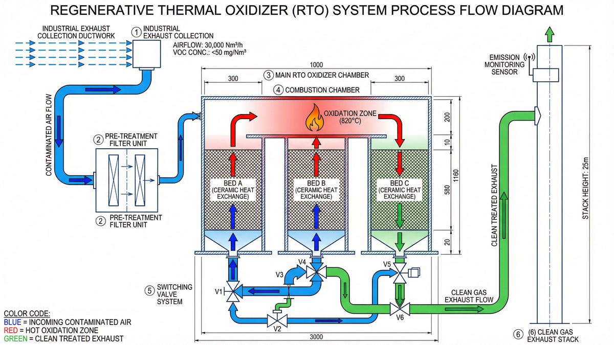 Regenerative Thermal Oxidizer RTO system process flow diagram showing ceramic heat exchange beds and switching valves