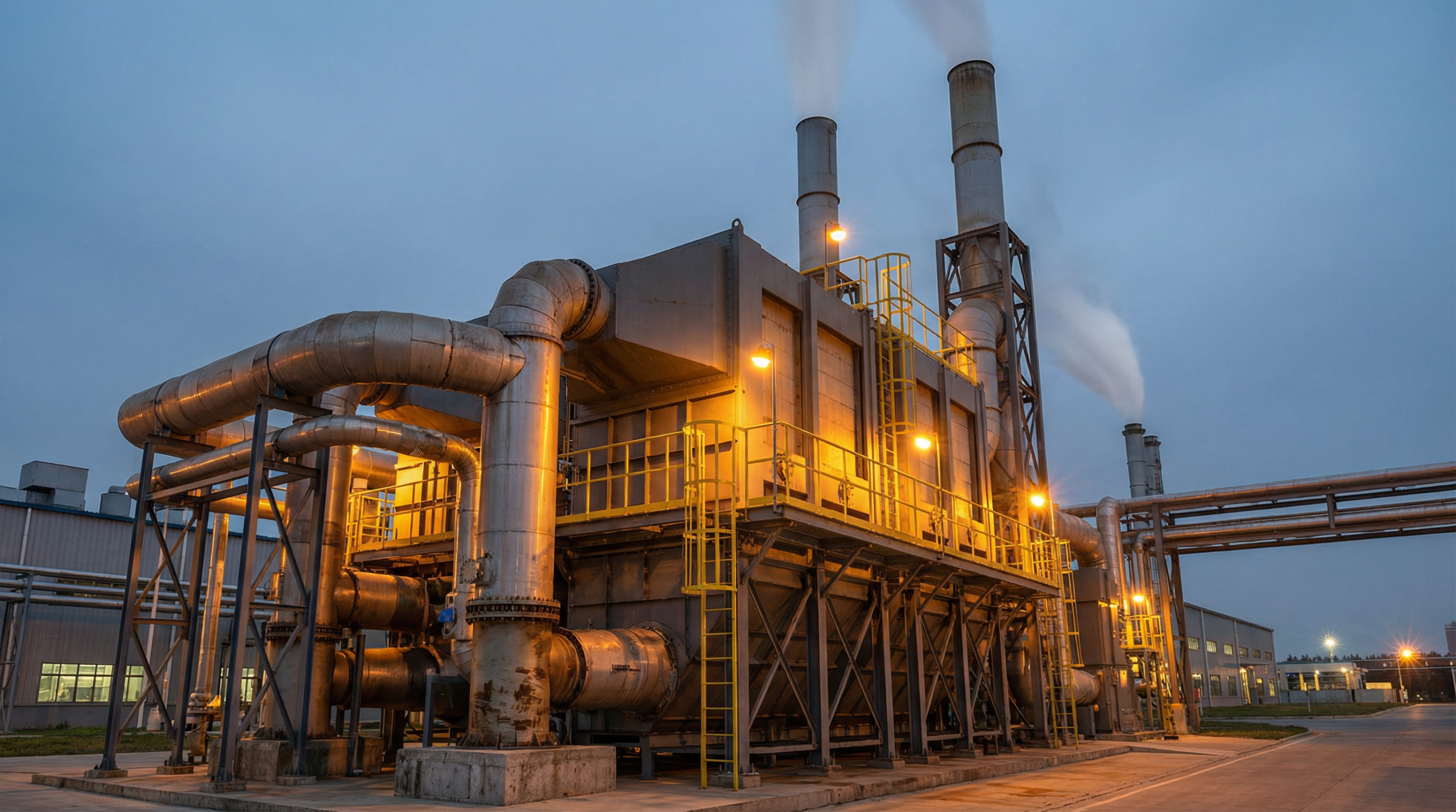 Industrial RTO system facility at dusk — VOC emission control engineering background